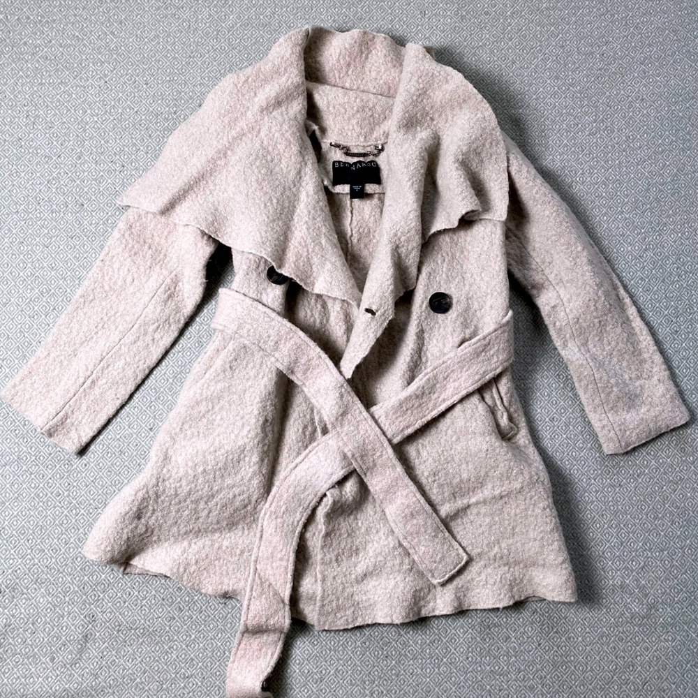 Bernardo Coat Womens S Beige Wool Blend Wrap Belted Oversized Shaw Collar Trench
